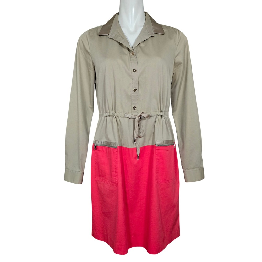 Elie Tahari Women's Khaki Coral Colorblock Button Down Shirt Dress Stretch 8